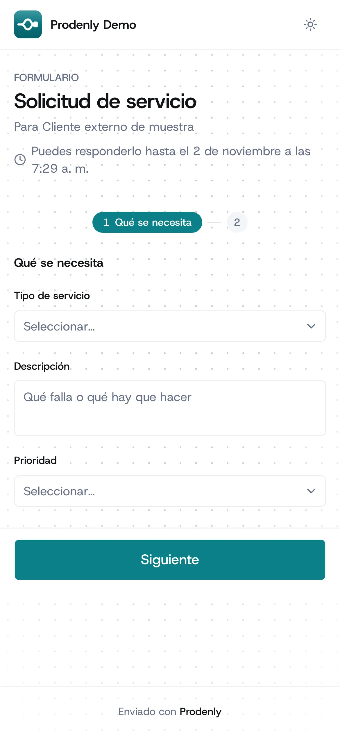Formulario público de Prodenly en un celular, respondido por enlace sin tener cuenta.